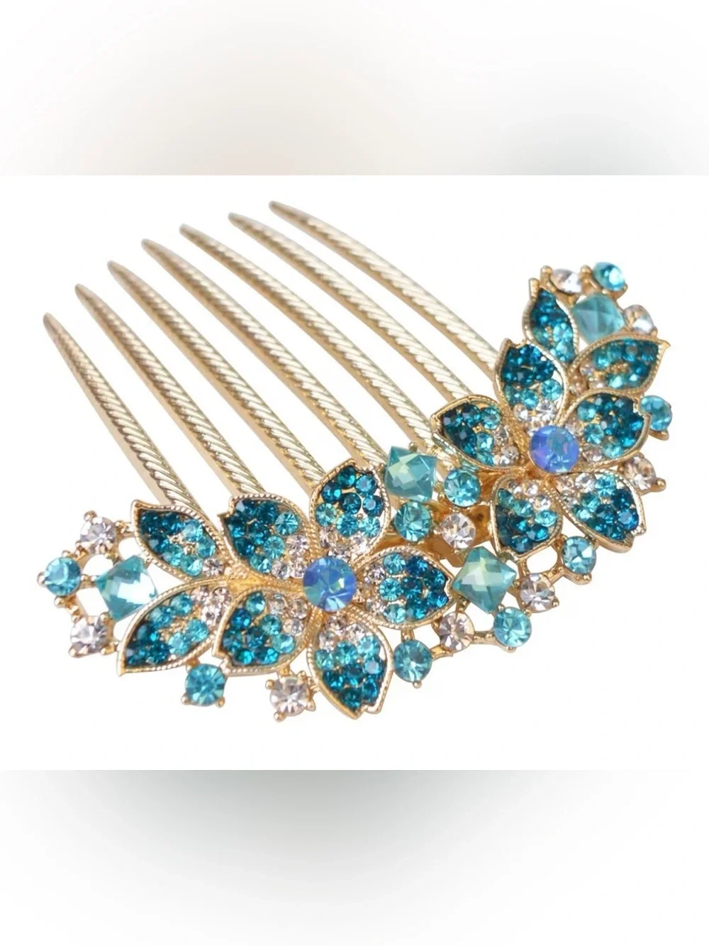 Gold-Tone Floral Crystal Hair Comb - Blue